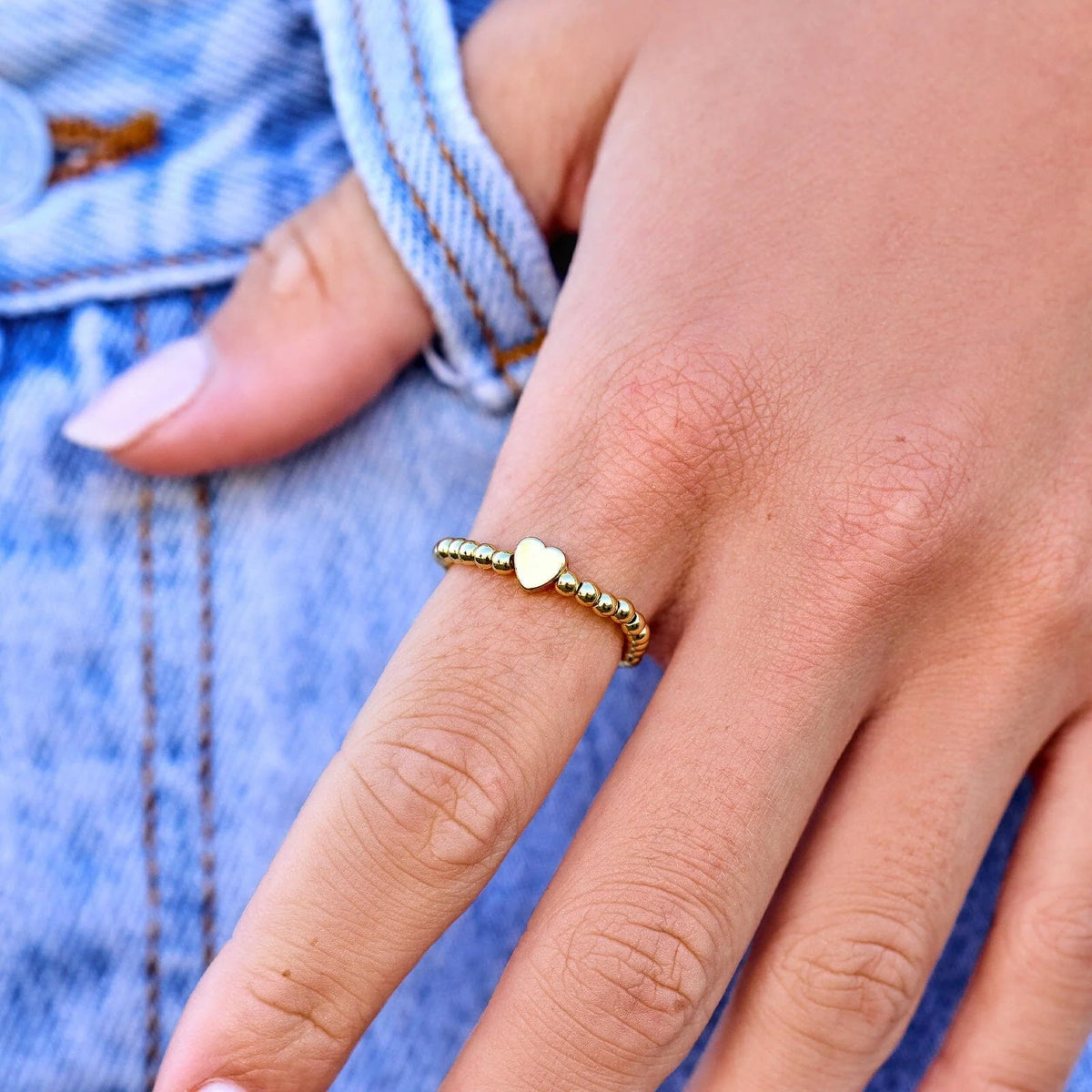 Gold Heart Bead Stretch Ring